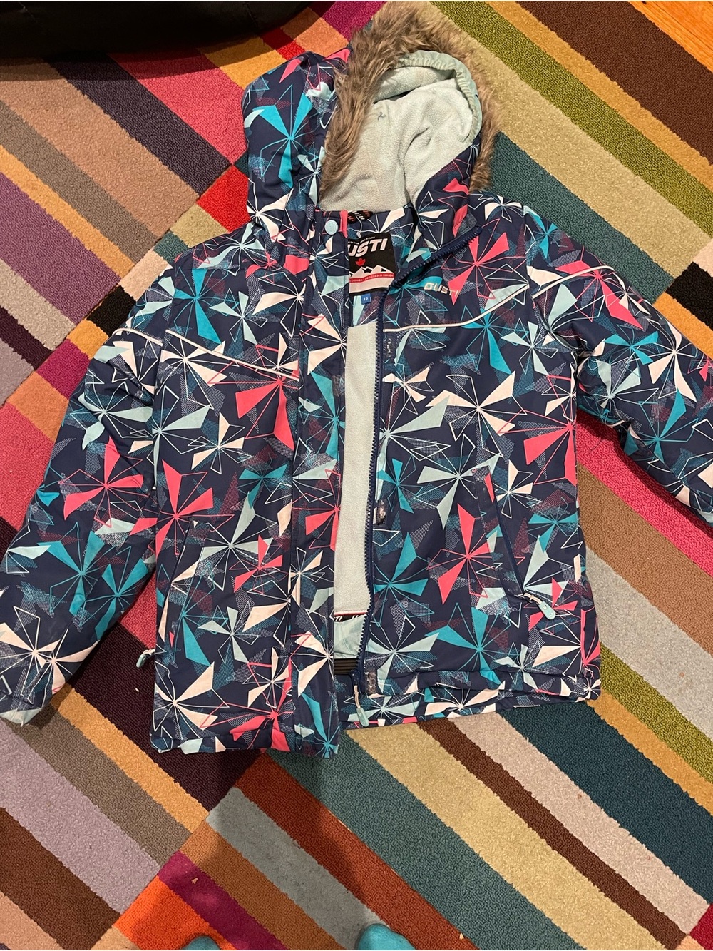 Gustin Girls Navy Blue Geometric Print Winter Jacket with Fur Hood